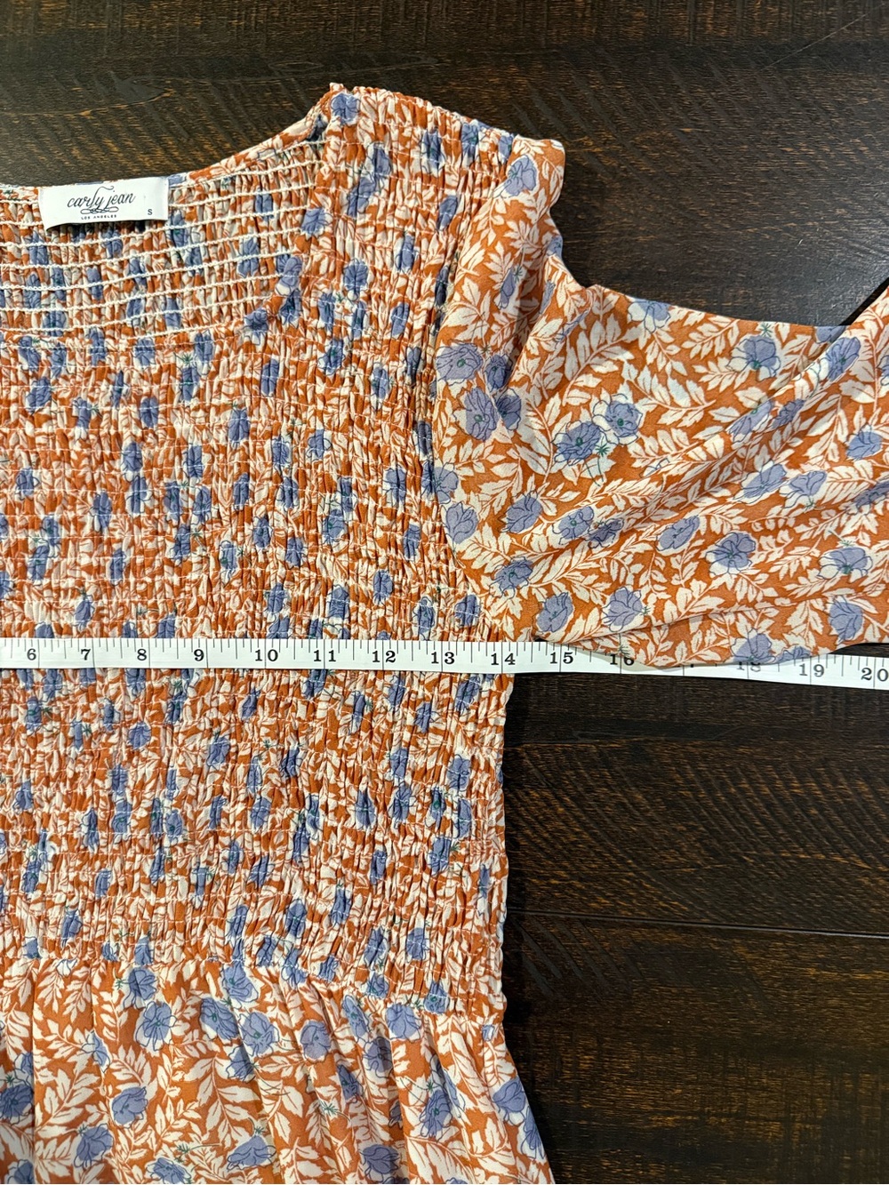 Carly Jean Los Angeles Floral Smocked Midi Dress Blue Rust Boho Small - Picture 11 of 13